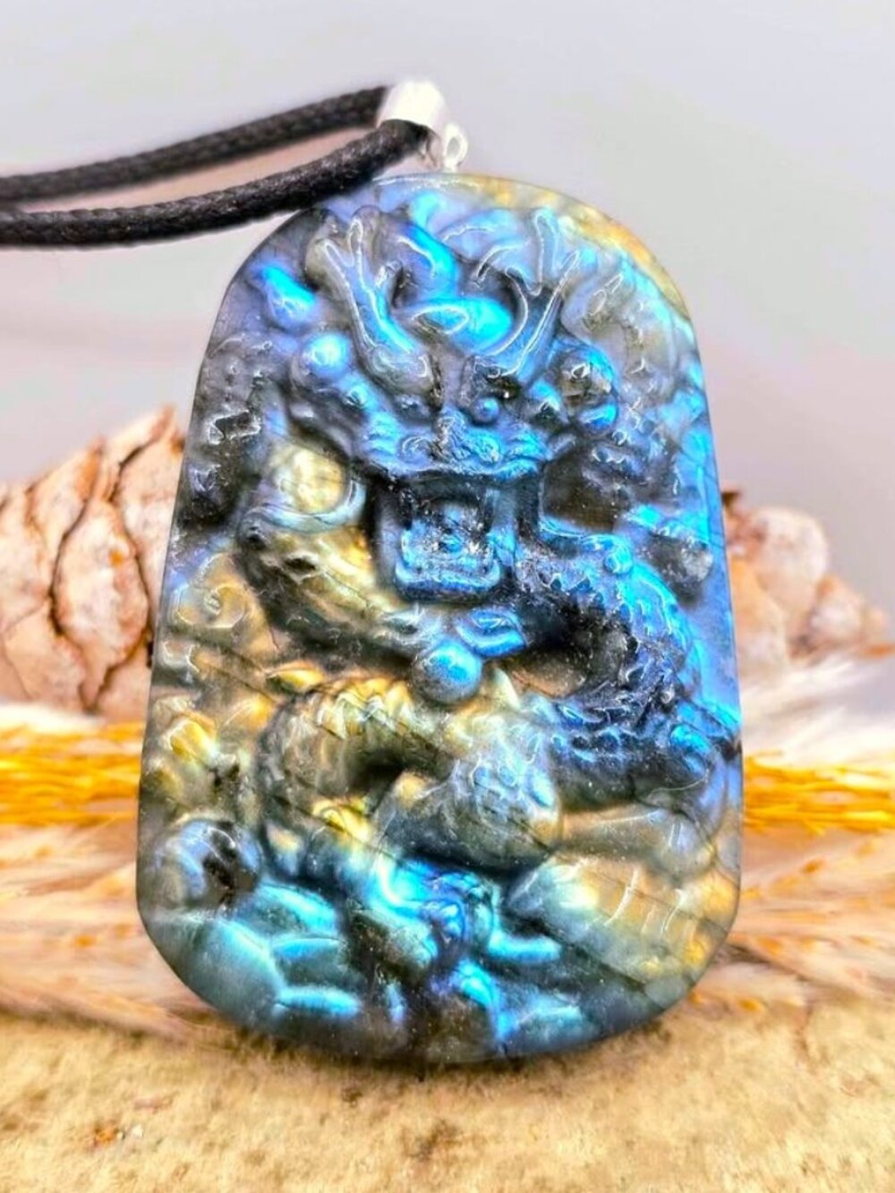 Nature Labradorite Dragon Pendant 2.1" • Flashy Gemstone Necklace